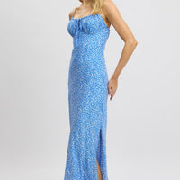 Blue Ditsy Midi Dress Gathering Bust Sleeveless