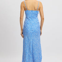 Blue Ditsy Midi Dress Gathering Bust Sleeveless