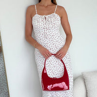 White Ditsy Midi Dress Gathering Bust Sleeveless