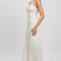White Ditsy Midi Dress Gathering Bust Sleeveless