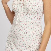 White Ditsy Midi Dress Gathering Bust Sleeveless