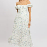 White Ditsy Midi Dress Puff Sleeve