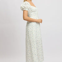 White Ditsy Midi Dress Puff Sleeve