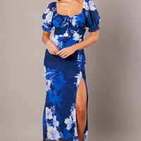 Blue Floral Midi Dress Puff Sleeve