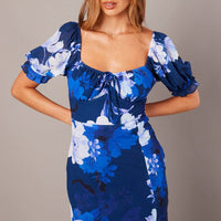 Blue Floral Midi Dress Puff Sleeve