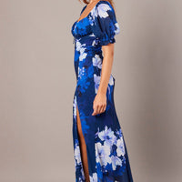 Blue Floral Midi Dress Puff Sleeve