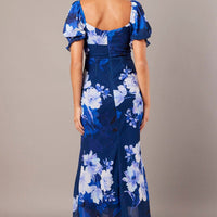 Blue Floral Midi Dress Puff Sleeve