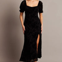 Black Midi Dress Puff Sleeve Burn Out