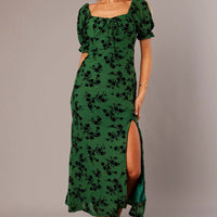 Green Midi Dress Puff Sleeve Burn Out