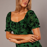 Green Midi Dress Puff Sleeve Burn Out