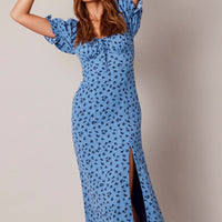 Blue Floral Midi Dress Puff Sleeve