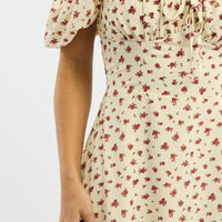 Beige Ditsy Midi Dress Short Sleeve Side Split