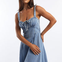 Blue Midi Dress Gathered Bust