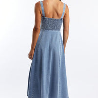 Blue Midi Dress Gathered Bust