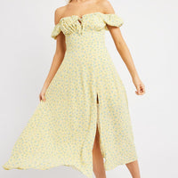 Yellow Ditsy Midi Dress Puff Sleeve
