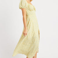 Yellow Ditsy Midi Dress Puff Sleeve