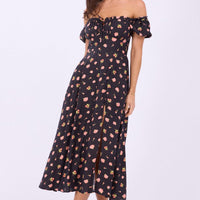 Black Ditsy Midi Dress Puff Sleeve