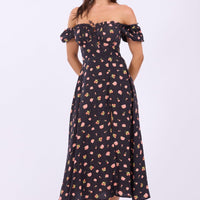 Black Ditsy Midi Dress Puff Sleeve