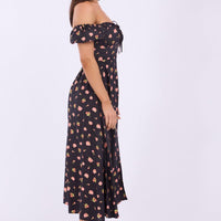 Black Ditsy Midi Dress Puff Sleeve