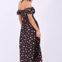 Black Ditsy Midi Dress Puff Sleeve