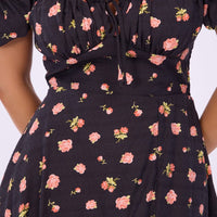 Black Ditsy Midi Dress Puff Sleeve