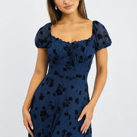 Blue Floral Midi Dress Puff Sleeve