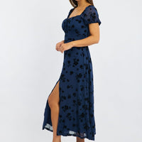 Blue Floral Midi Dress Puff Sleeve