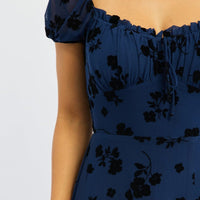 Blue Floral Midi Dress Puff Sleeve
