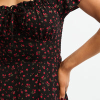 Black Ditsy Midi Dress Puff Sleeve