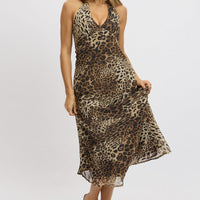 Brown Animal Print Midi Dress Halter Neck