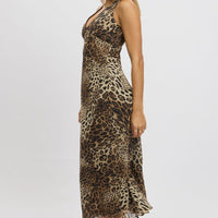 Brown Animal Print Midi Dress Halter Neck