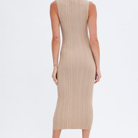 Beige Midi Dress Turtle Neck Bodycon Knitted Rib
