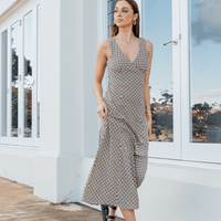 Brown Geo Midi Dress V Neck Sleeveless