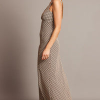Brown Geo Midi Dress V Neck Sleeveless