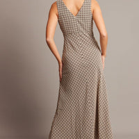 Brown Geo Midi Dress V Neck Sleeveless