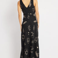 Black Abstract Midi Dress V Neck Sleeveless