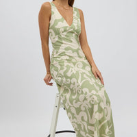 Green Abstract Midi Dress V Neck Sleeveless