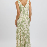 Green Abstract Midi Dress V Neck Sleeveless
