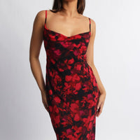 Red Floral Maxi Dress Cowl Neck