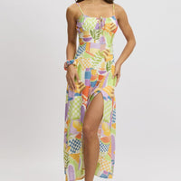Multi Abstract Midi Dress Gathered Bust