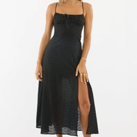 Black Midi Dress Gathered Bust Eyelet Fabric