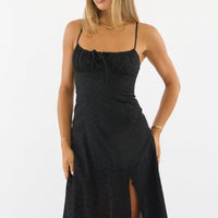 Black Midi Dress Gathered Bust Eyelet Fabric