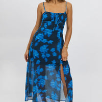Blue Abstract Midi Dress Gathered Bust