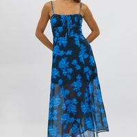 Blue Abstract Midi Dress Gathered Bust