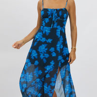 Blue Abstract Midi Dress Gathered Bust