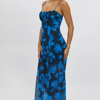 Blue Abstract Midi Dress Gathered Bust