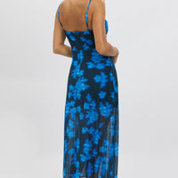 Blue Abstract Midi Dress Gathered Bust