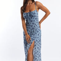 Blue Ditsy Midi Dress Gathered Bust Burn Out