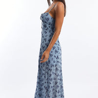 Blue Ditsy Midi Dress Gathered Bust Burn Out