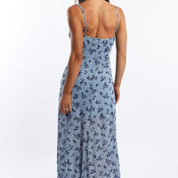 Blue Ditsy Midi Dress Gathered Bust Burn Out